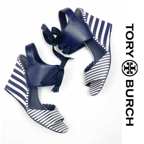 NWT Tory Burch Maritime Strip Wedge Sandals - Picture 2 of 7